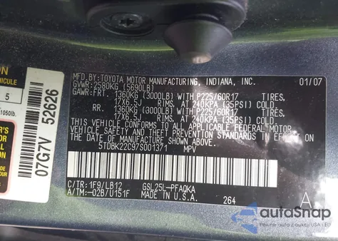 2007 Toyota Sienna Xle Limited z USA, uszkodzony, nr VIN 5TDBK22C97S001371
